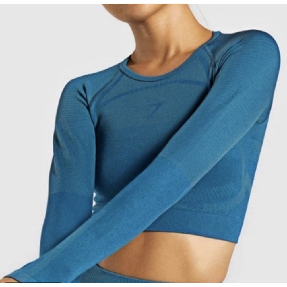 Gymshark Geo Seamless Long Sleeve Crop Top in Teal Large Gym Running Workout EUC